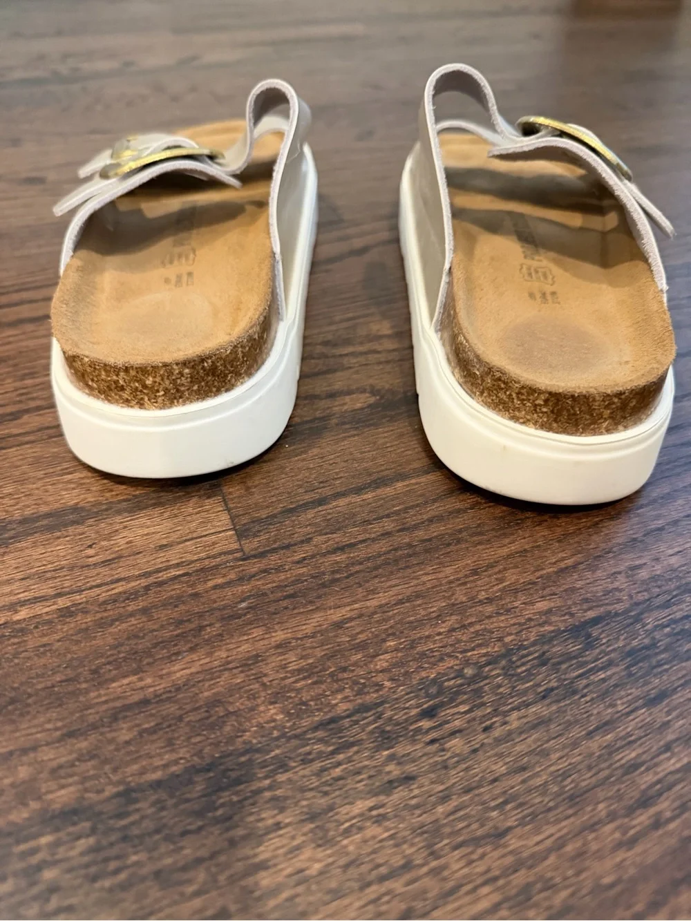 Metallic Double-Buckle Slide Sandals with Gold Buckles